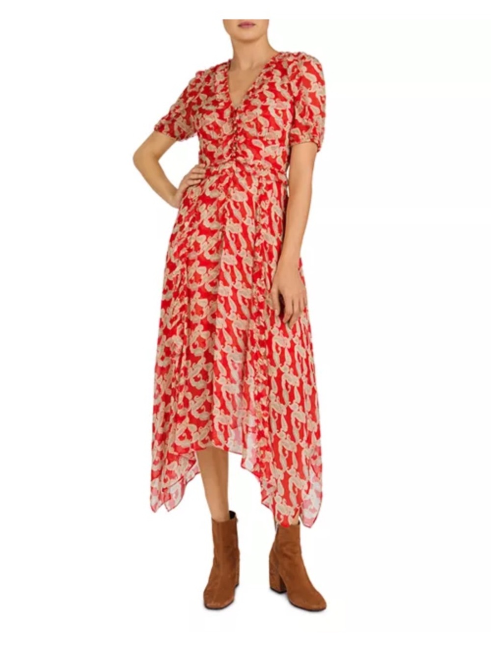 Kooples Red Paisley Volute Asymmetric Midi Dress Size 1 - Picture 5 of 10